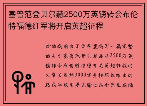 塞普范登贝尔赫2500万英镑转会布伦特福德红军将开启英超征程 塞普范登贝尔赫2500万英镑转会布伦特福德红军将开启英超征程